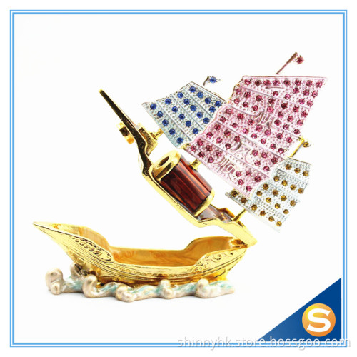 Handmade Metal & Crystal Trinket Box Sailing Shape Jewelry Box SCJ679